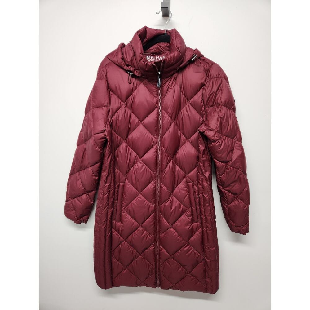 Michael Kors Women's Long Maroon Red Quilted Packable Down Puffer Jacket, Size L